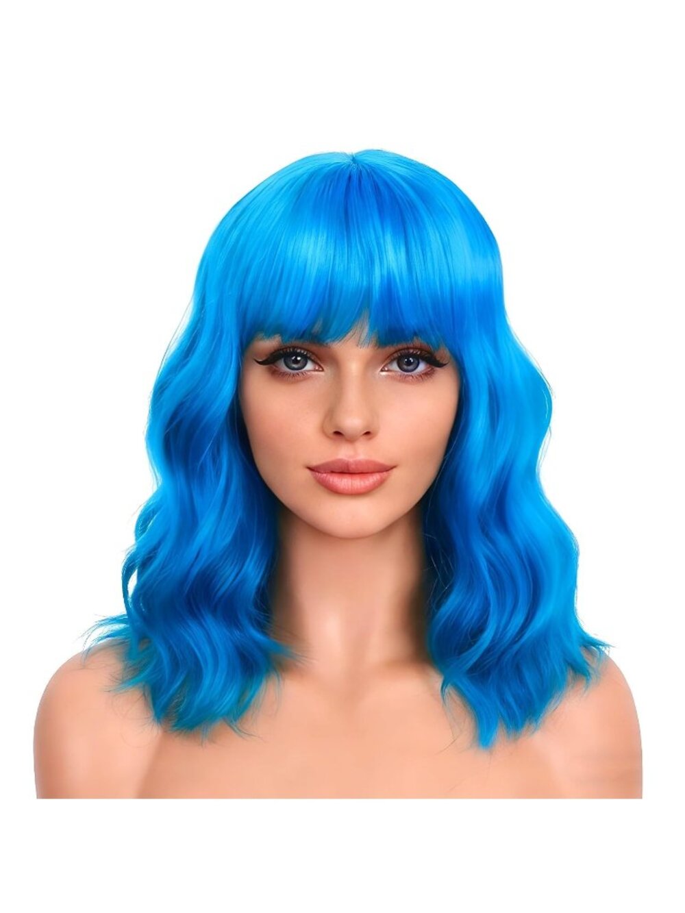 Women's Lake Blue 14 Inch Heat Resistant Synthetic Short Wavy Bob Wigs Bangs